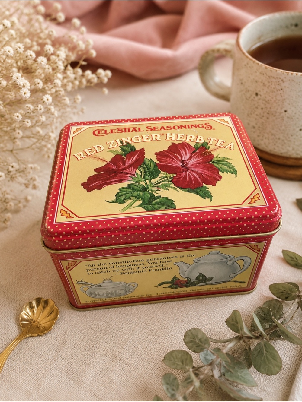 Vintage Celestial Seasonings Red Zinger tea tin from 1984